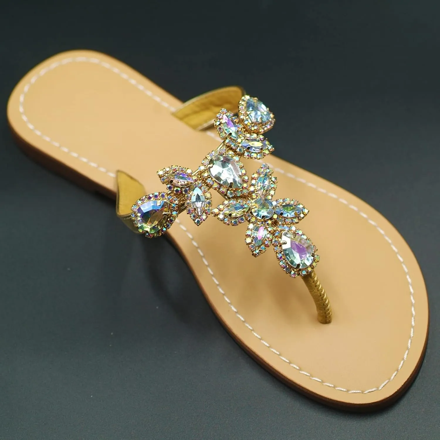 Women Sparkly Jeweled Thong Boho Sandals Bling Rhinestone Flip Flops with Crystal Diamond Flat Fancy Sandalias Gem Bohemian Beach Wedding Sandals Shoes