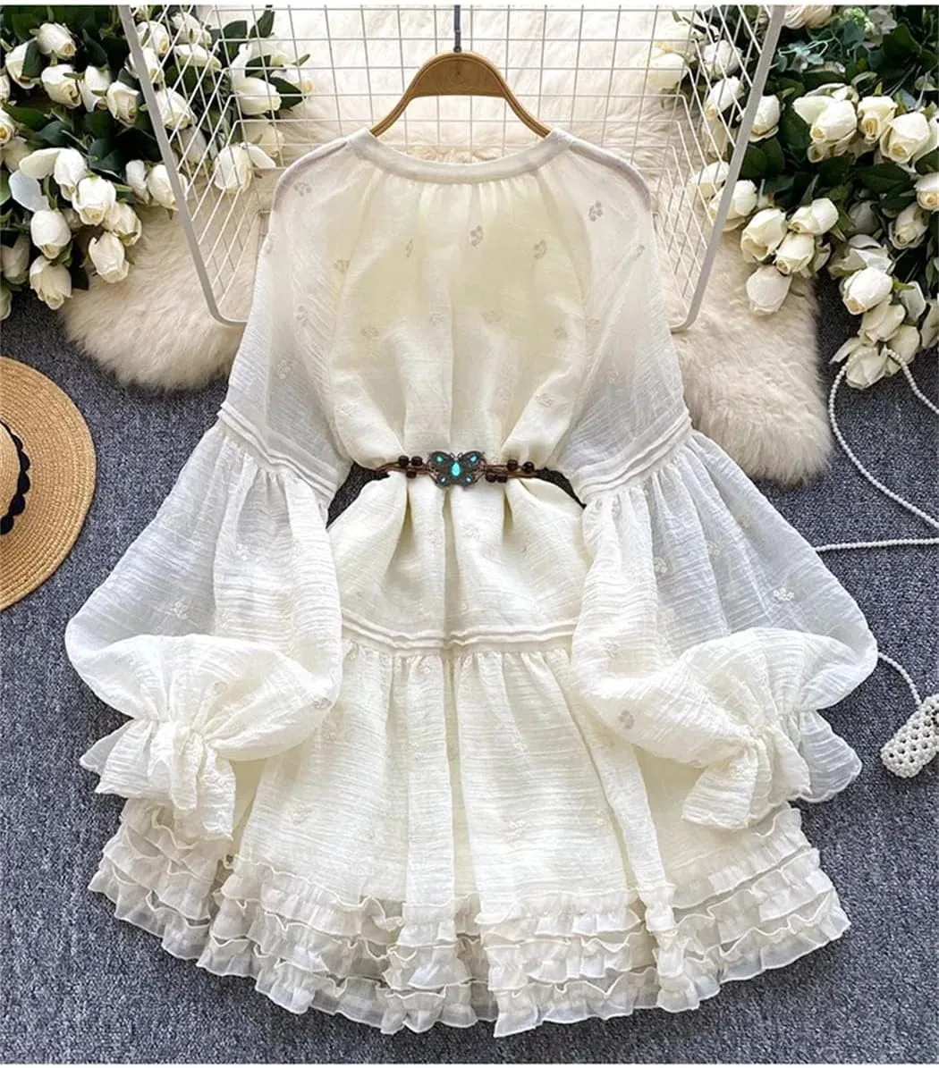 Women Spring Dress French Court-Style Solid Color Embroidered Lace-Up Waisted Lantern Sleeves Ruffled Dress