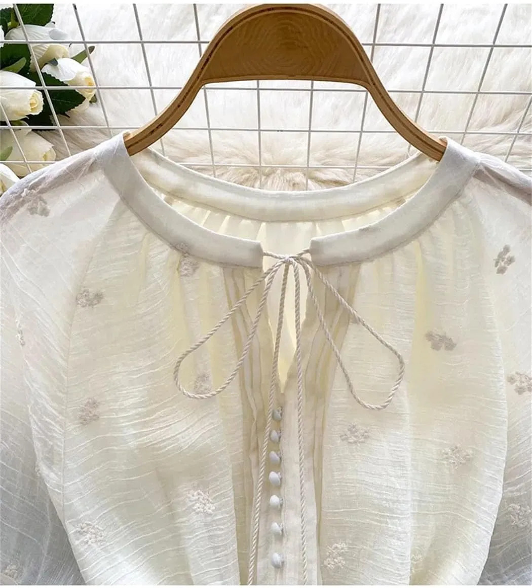 Women Spring Dress French Court-Style Solid Color Embroidered Lace-Up Waisted Lantern Sleeves Ruffled Dress