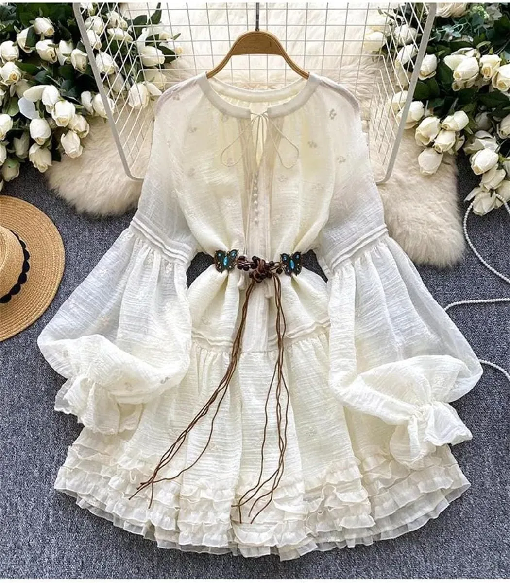 Women Spring Dress French Court-Style Solid Color Embroidered Lace-Up Waisted Lantern Sleeves Ruffled Dress