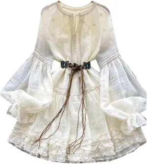 Women Spring Dress French Court-Style Solid Color Embroidered Lace-Up Waisted Lantern Sleeves Ruffled Dress