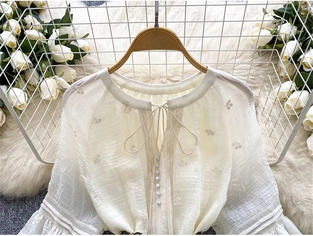 Women Spring Dress French Court-Style Solid Color Embroidered Lace-Up Waisted Lantern Sleeves Ruffled Dress