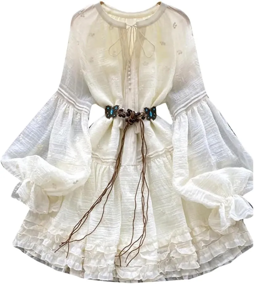 Women Spring Dress French Court-Style Solid Color Embroidered Lace-Up Waisted Lantern Sleeves Ruffled Dress
