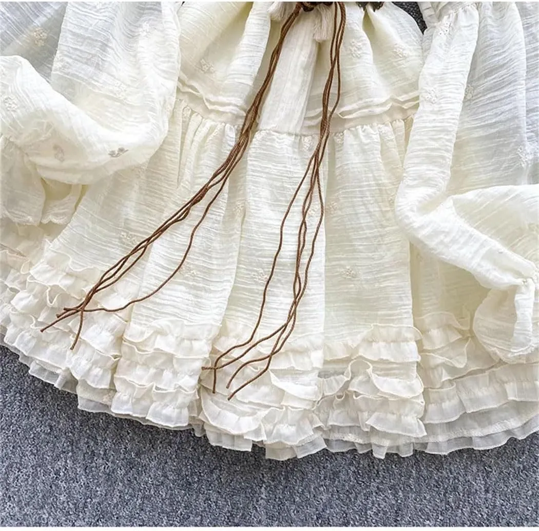 Women Spring Dress French Court-Style Solid Color Embroidered Lace-Up Waisted Lantern Sleeves Ruffled Dress