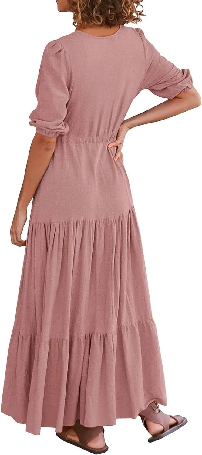 Women Summer Dresses Casual Short Sleeve Maxi Dress V Neck Split Long Beach Dress Button Drawstring Vacation Sundress