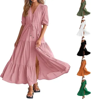 Women Summer Dresses Casual Short Sleeve Maxi Dress V Neck Split Long Beach Dress Button Drawstring Vacation Sundress