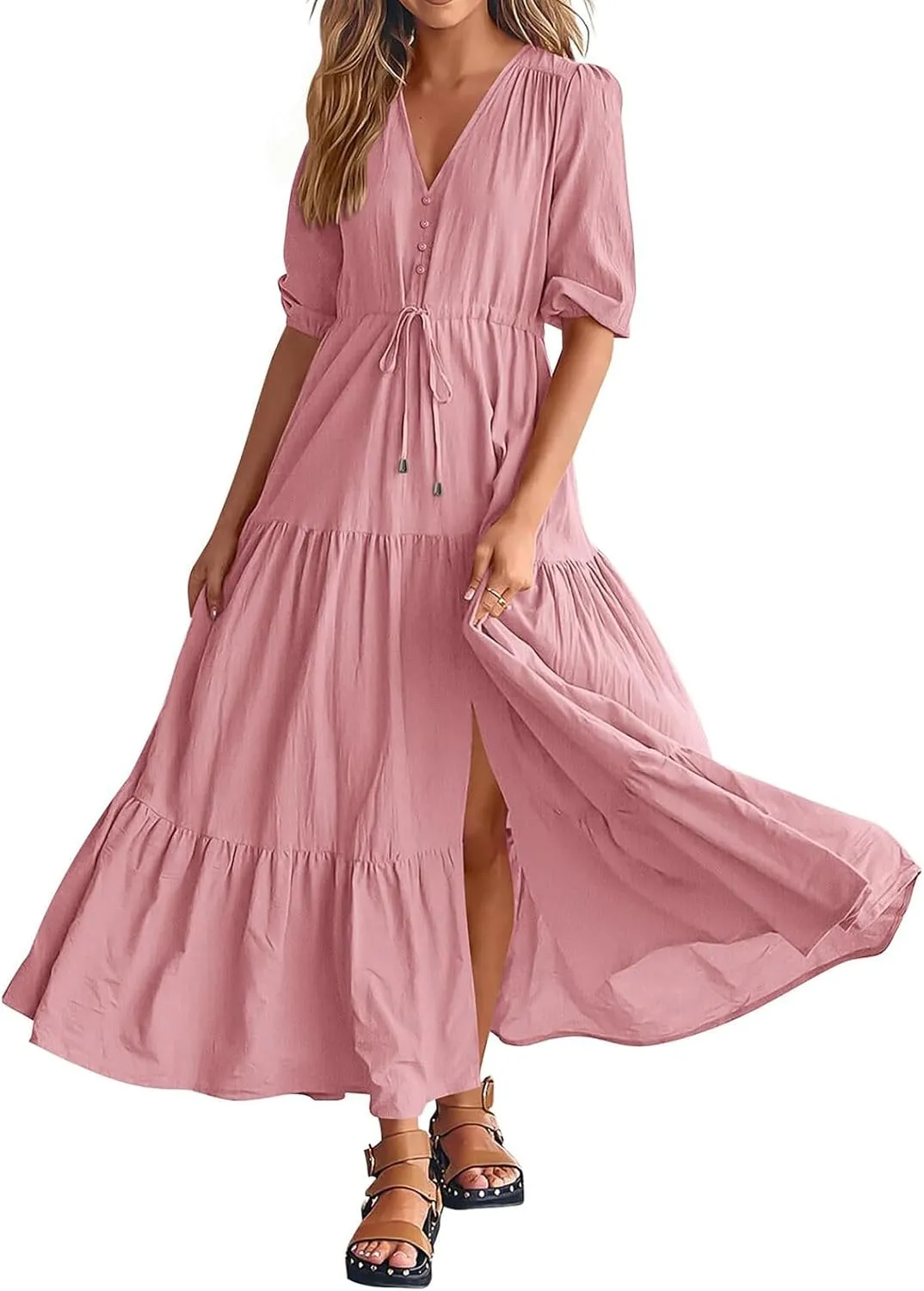 Women Summer Dresses Casual Short Sleeve Maxi Dress V Neck Split Long Beach Dress Button Drawstring Vacation Sundress