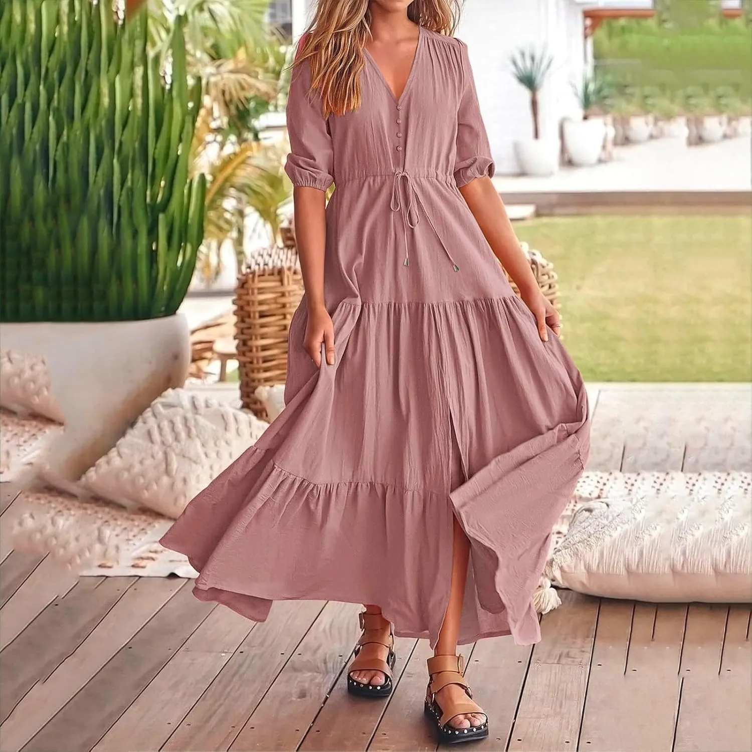Women Summer Dresses Casual Short Sleeve Maxi Dress V Neck Split Long Beach Dress Button Drawstring Vacation Sundress