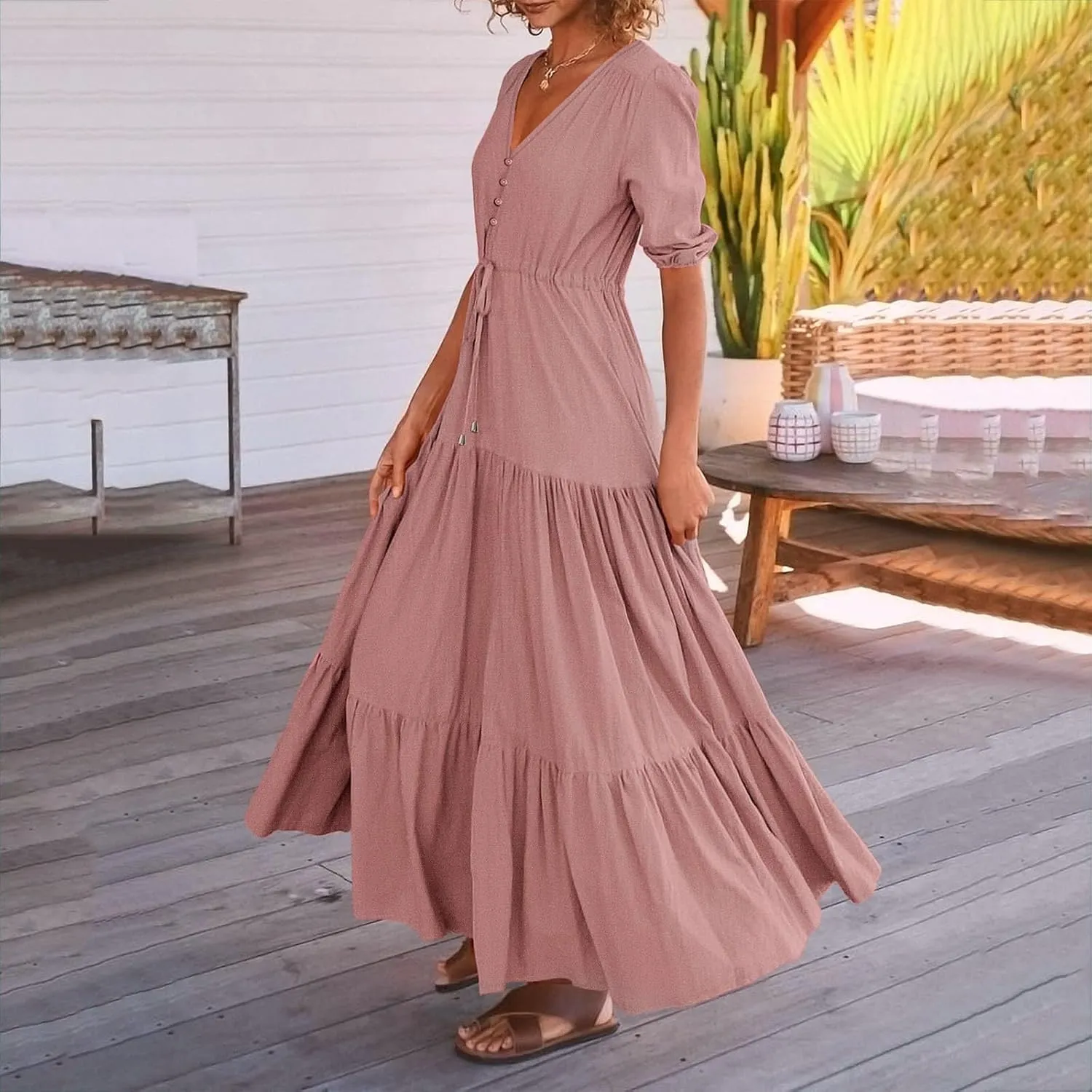Women Summer Dresses Casual Short Sleeve Maxi Dress V Neck Split Long Beach Dress Button Drawstring Vacation Sundress