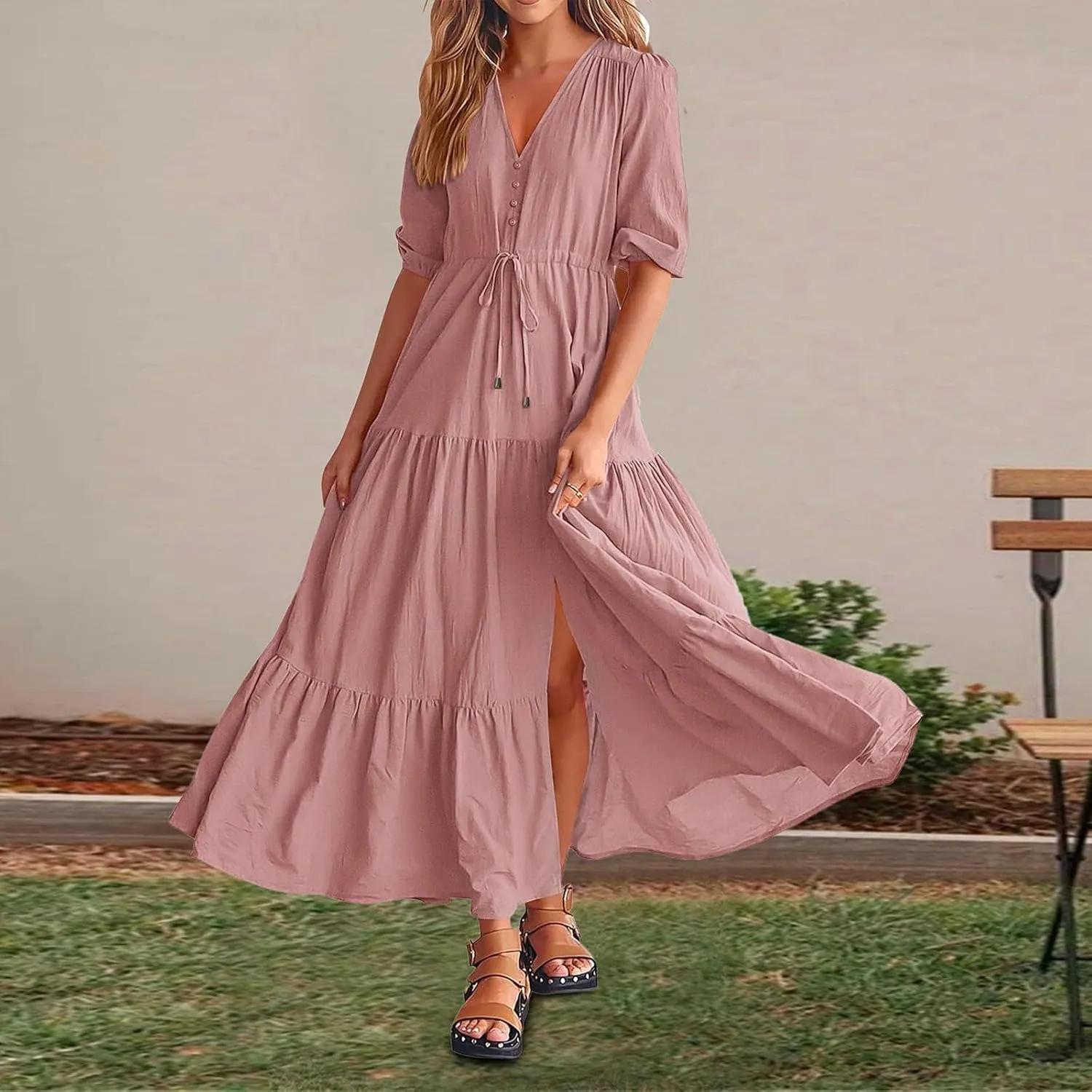 Women Summer Dresses Casual Short Sleeve Maxi Dress V Neck Split Long Beach Dress Button Drawstring Vacation Sundress