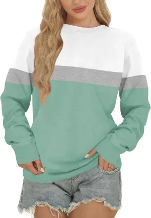 Women Sweatshirt, Casual Crewneck Sweatshirts for Women Loose Fit Long Sleeve Pullover Tops Cute Soft Shirt, L, White Green