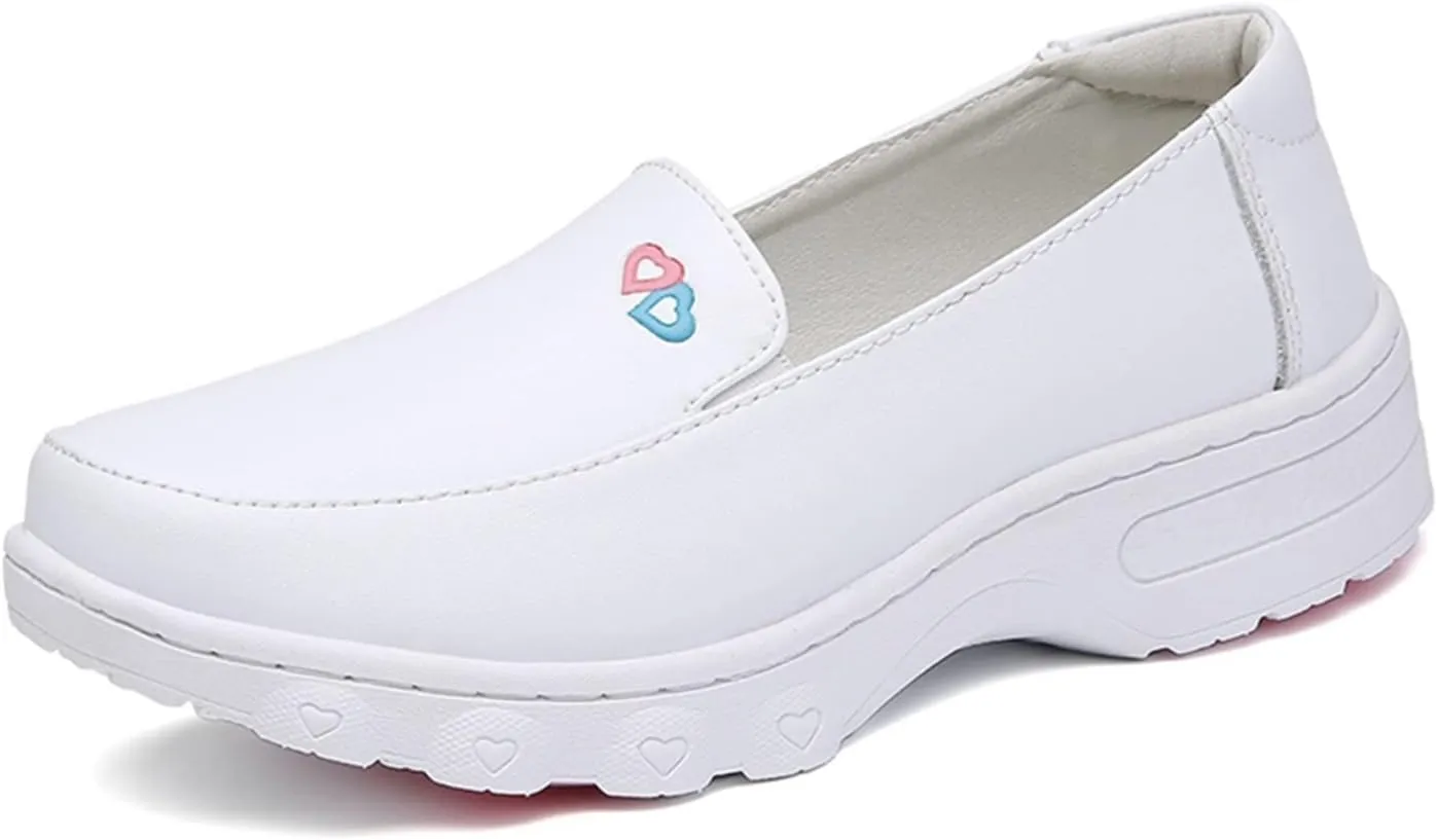 Women's Air Cushion Slip-On Leather Wedge Soft Bottom White Nurse Shoes, Arch Support Womens Breathable Non-Slip Platform Moccasins Shoes, Ideal for Nurse Healthcare Crews