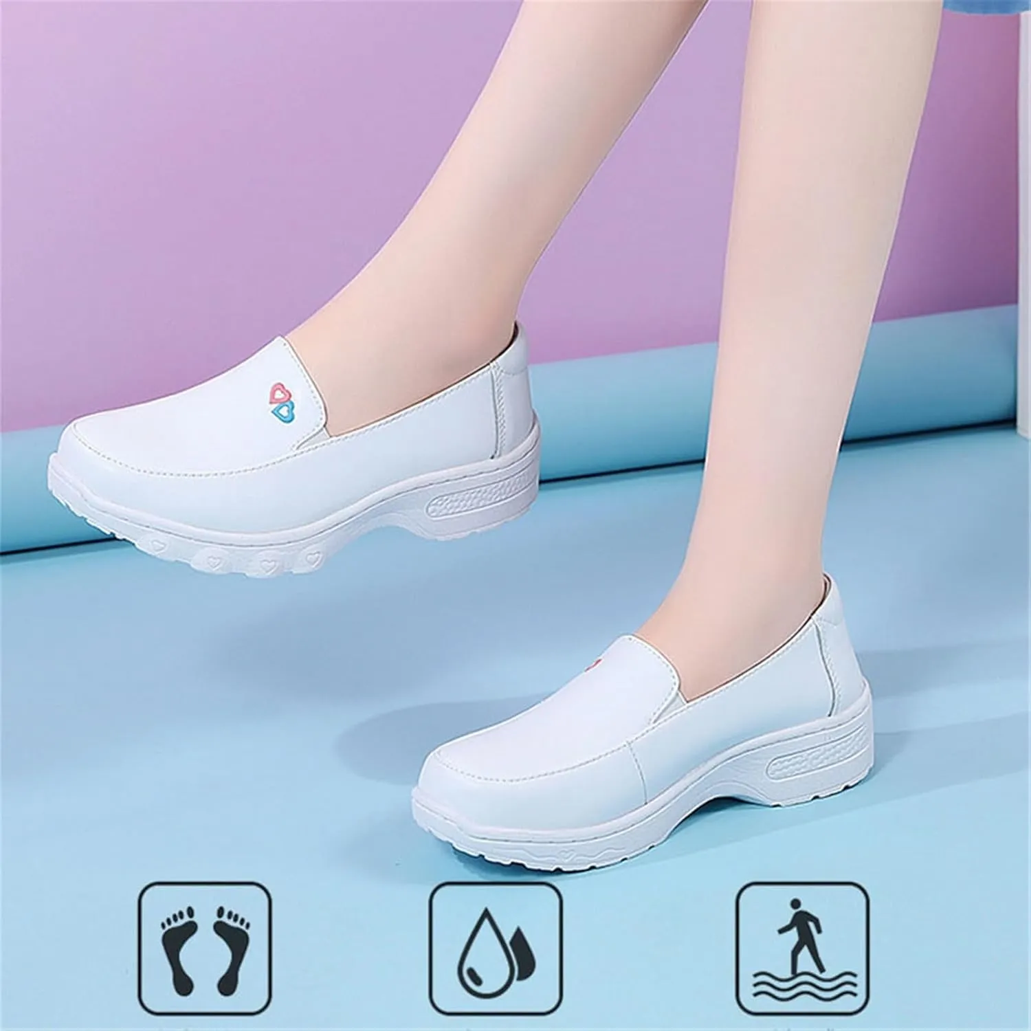 Women's Air Cushion Slip-On Leather Wedge Soft Bottom White Nurse Shoes, Arch Support Womens Breathable Non-Slip Platform Moccasins Shoes, Ideal for Nurse Healthcare Crews