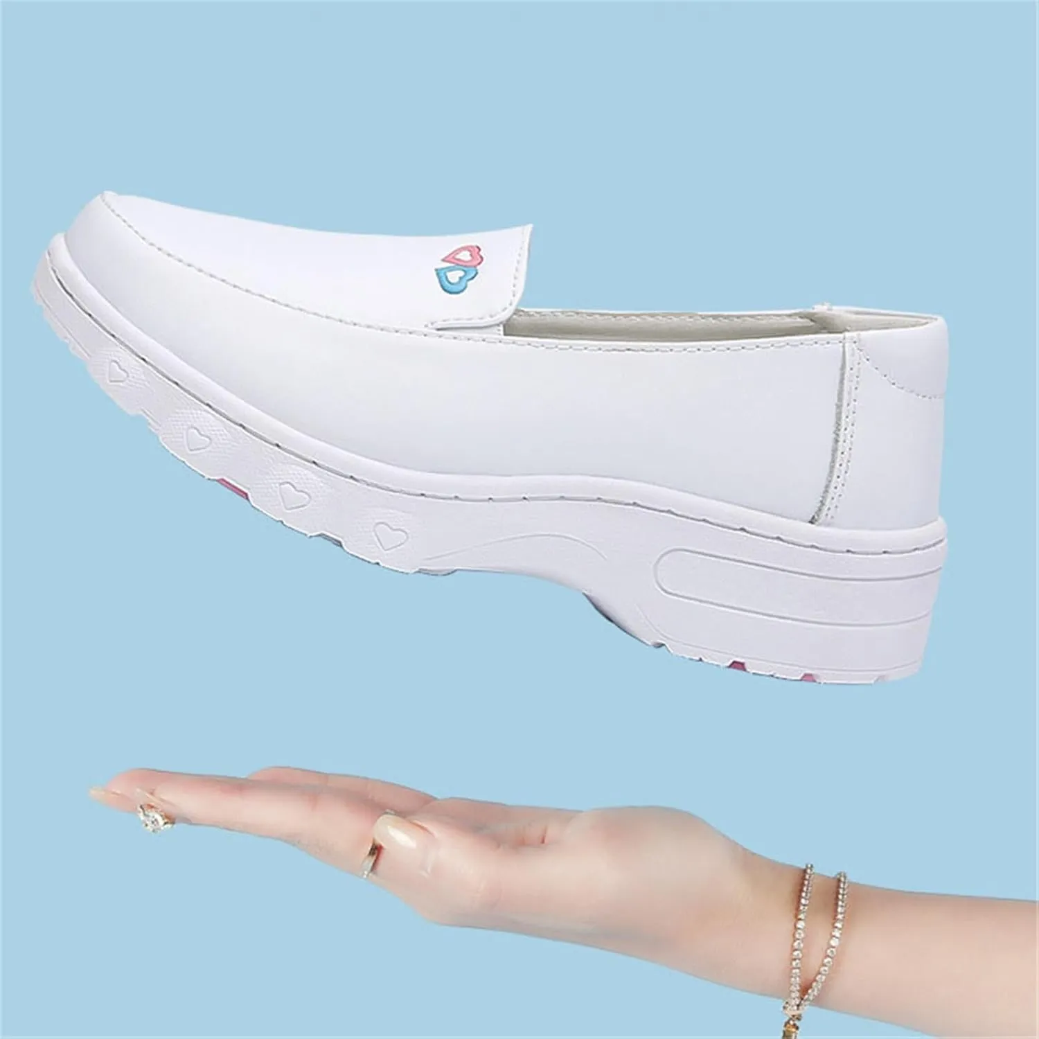 Women's Air Cushion Slip-On Leather Wedge Soft Bottom White Nurse Shoes, Arch Support Womens Breathable Non-Slip Platform Moccasins Shoes, Ideal for Nurse Healthcare Crews