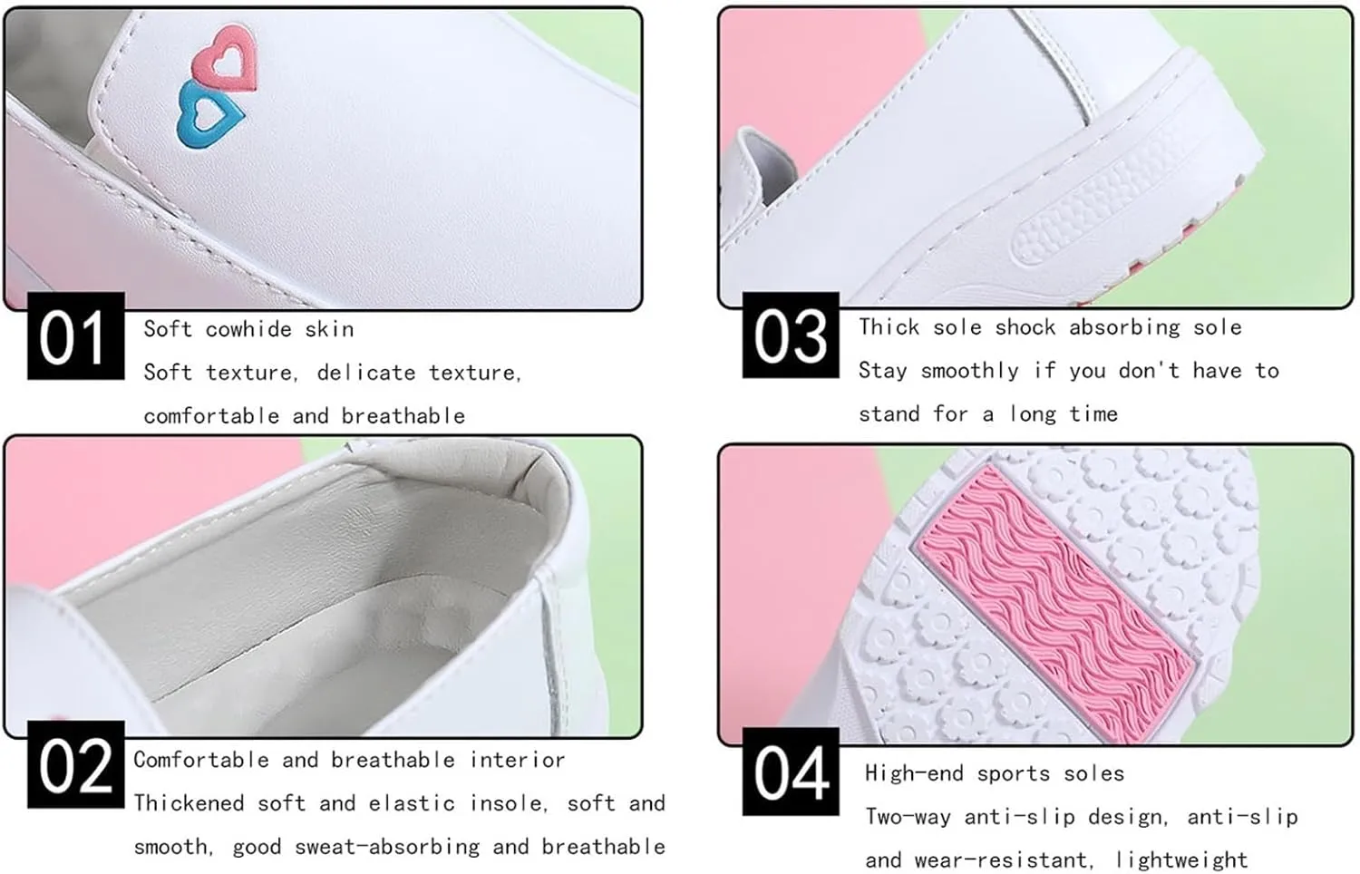 Women's Air Cushion Slip-On Leather Wedge Soft Bottom White Nurse Shoes, Arch Support Womens Breathable Non-Slip Platform Moccasins Shoes, Ideal for Nurse Healthcare Crews
