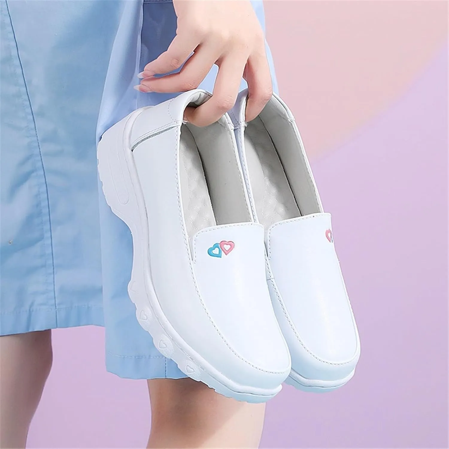 Women's Air Cushion Slip-On Leather Wedge Soft Bottom White Nurse Shoes, Arch Support Womens Breathable Non-Slip Platform Moccasins Shoes, Ideal for Nurse Healthcare Crews