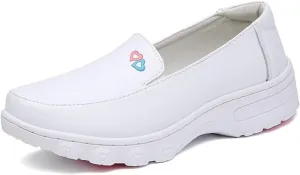 Women's Air Cushion Slip-On Leather Wedge Soft Bottom White Nurse Shoes, Arch Support Womens Breathable Non-Slip Platform Moccasins Shoes, Ideal for Nurse Healthcare Crews