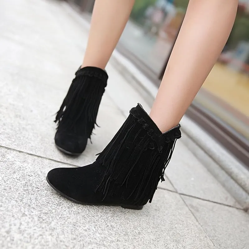 Womens Ankle Fringe Boots Round Toe WinterWide Calf Flat Tassel Moccasin Boots Casual Hidden Wedge Low Heel Ankle Boots