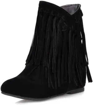 Womens Ankle Fringe Boots Round Toe WinterWide Calf Flat Tassel Moccasin Boots Casual Hidden Wedge Low Heel Ankle Boots