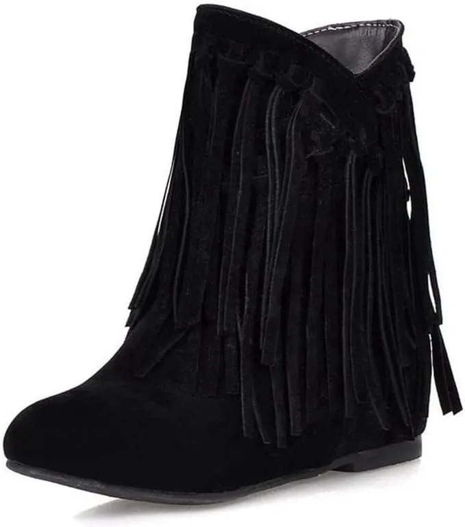 Womens Ankle Fringe Boots Round Toe WinterWide Calf Flat Tassel Moccasin Boots Casual Hidden Wedge Low Heel Ankle Boots