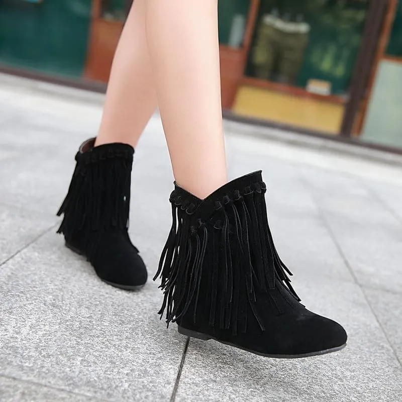 Womens Ankle Fringe Boots Round Toe WinterWide Calf Flat Tassel Moccasin Boots Casual Hidden Wedge Low Heel Ankle Boots