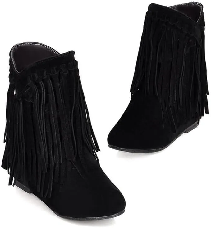 Womens Ankle Fringe Boots Round Toe WinterWide Calf Flat Tassel Moccasin Boots Casual Hidden Wedge Low Heel Ankle Boots