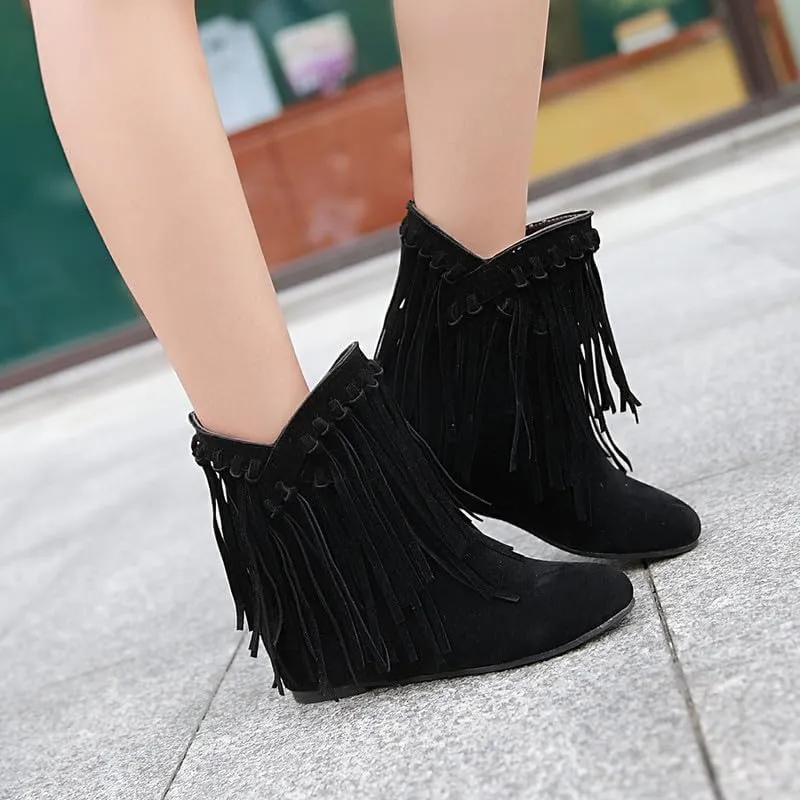 Womens Ankle Fringe Boots Round Toe WinterWide Calf Flat Tassel Moccasin Boots Casual Hidden Wedge Low Heel Ankle Boots