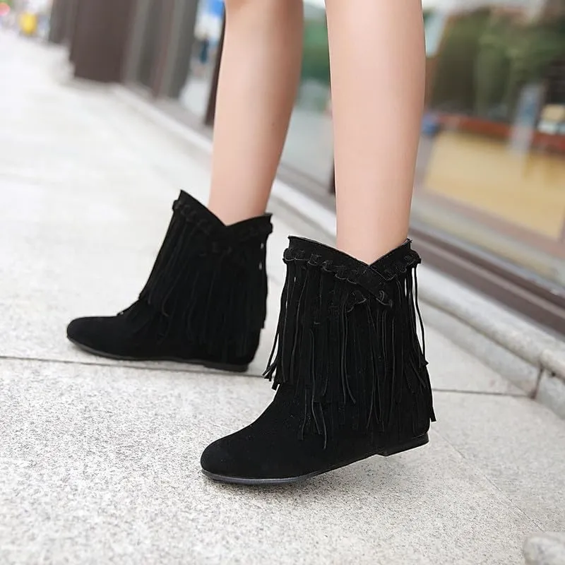 Womens Ankle Fringe Boots Round Toe WinterWide Calf Flat Tassel Moccasin Boots Casual Hidden Wedge Low Heel Ankle Boots