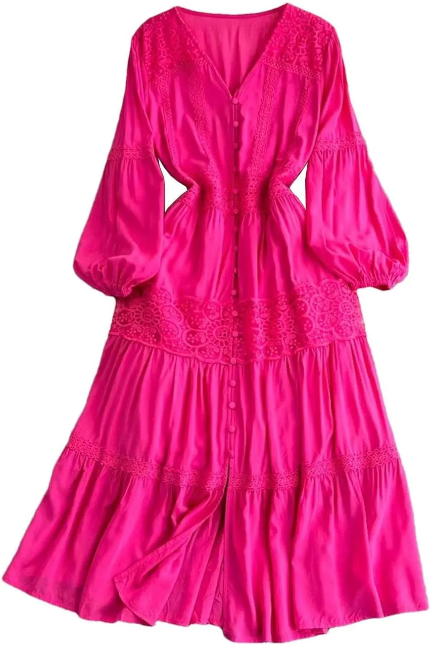 Women's Beach Vacation Long Dress Lantern Long Sleeved V-Neck Waist-Cinched A-Line Lace Patchwork Party Dress
