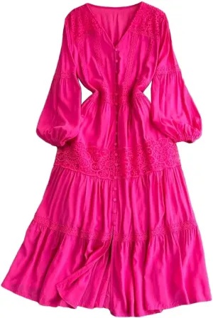 Women's Beach Vacation Long Dress Lantern Long Sleeved V-Neck Waist-Cinched A-Line Lace Patchwork Party Dress