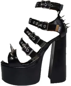 Women's Black Rivet Open Toe Platform Block Heeled Sandals with Buckle Strap