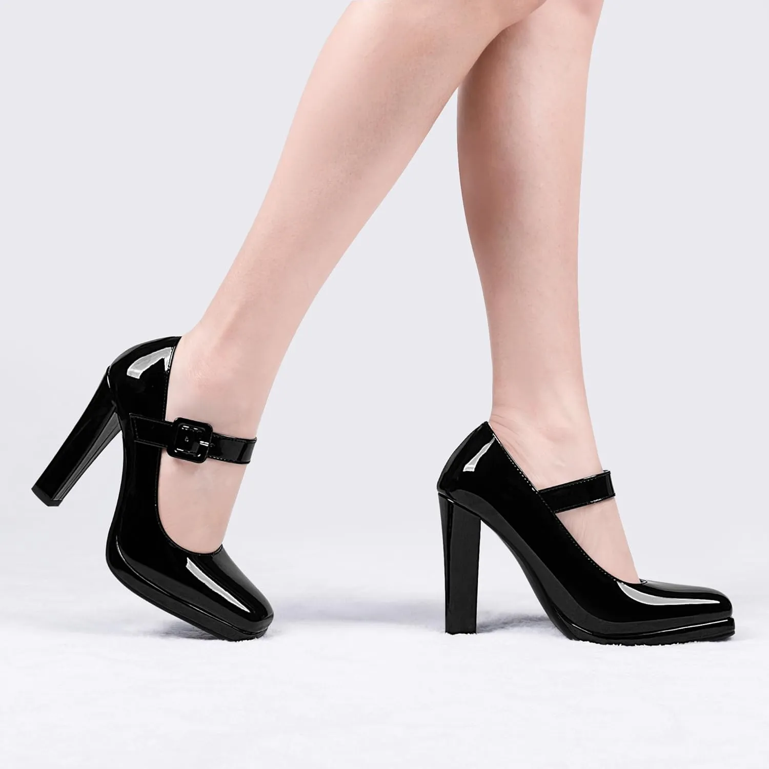 Women's Block High Heel Platform Mary Janes Shoes Buckle Strappy Square Toe Dress Pumps