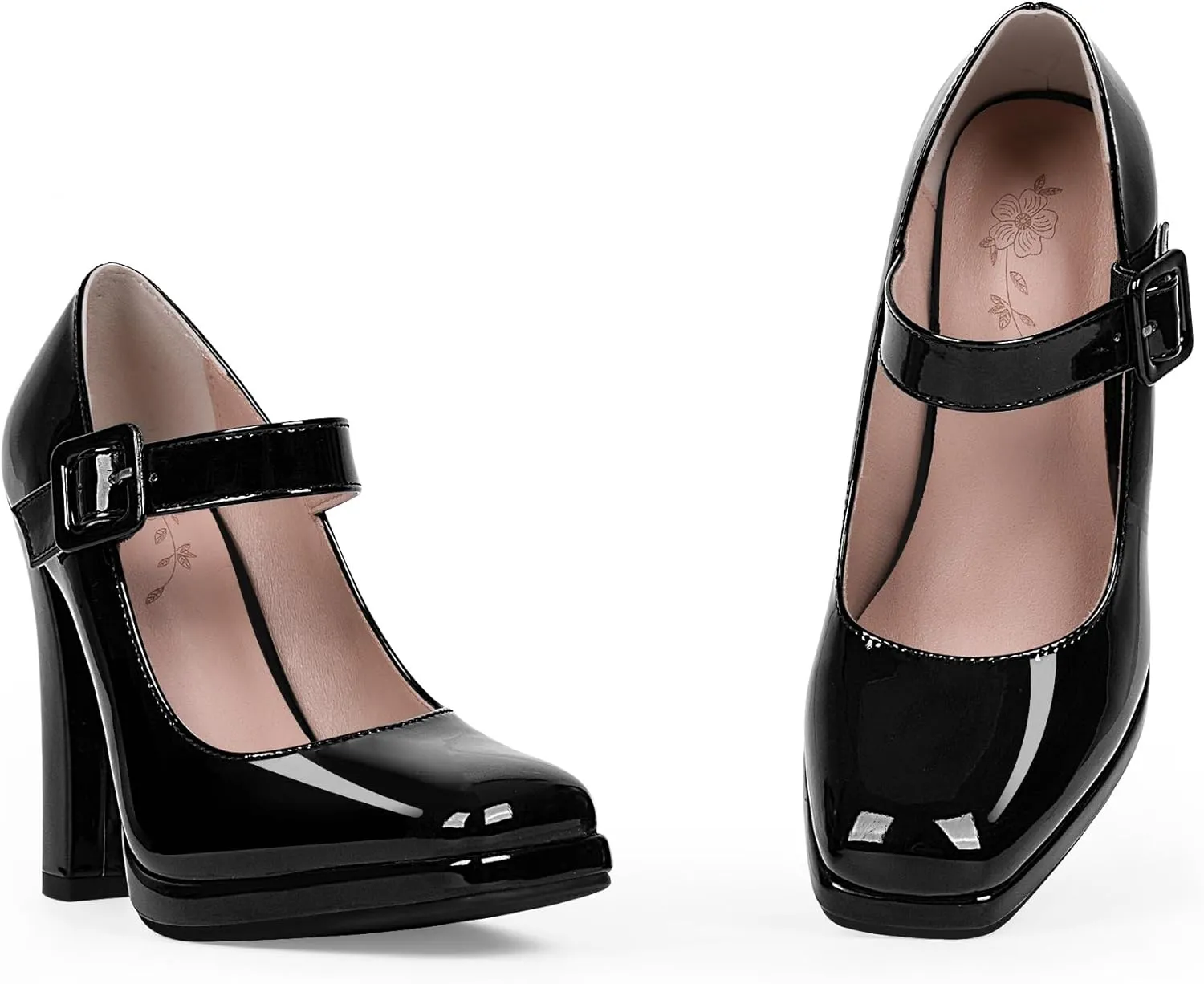 Women's Block High Heel Platform Mary Janes Shoes Buckle Strappy Square Toe Dress Pumps