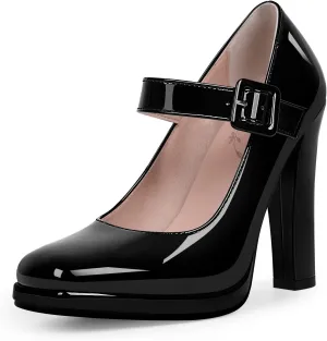 Women's Block High Heel Platform Mary Janes Shoes Buckle Strappy Square Toe Dress Pumps
