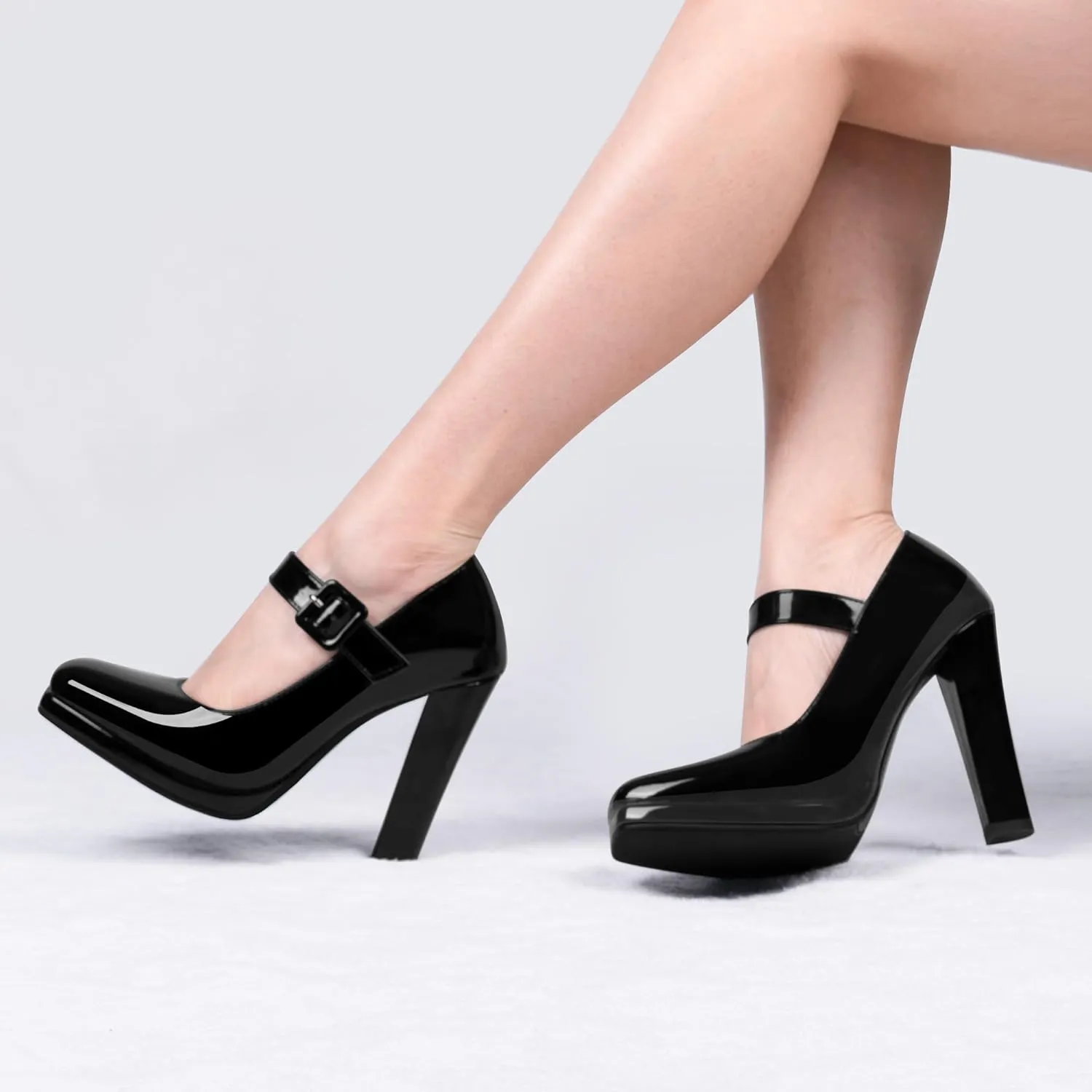 Women's Block High Heel Platform Mary Janes Shoes Buckle Strappy Square Toe Dress Pumps