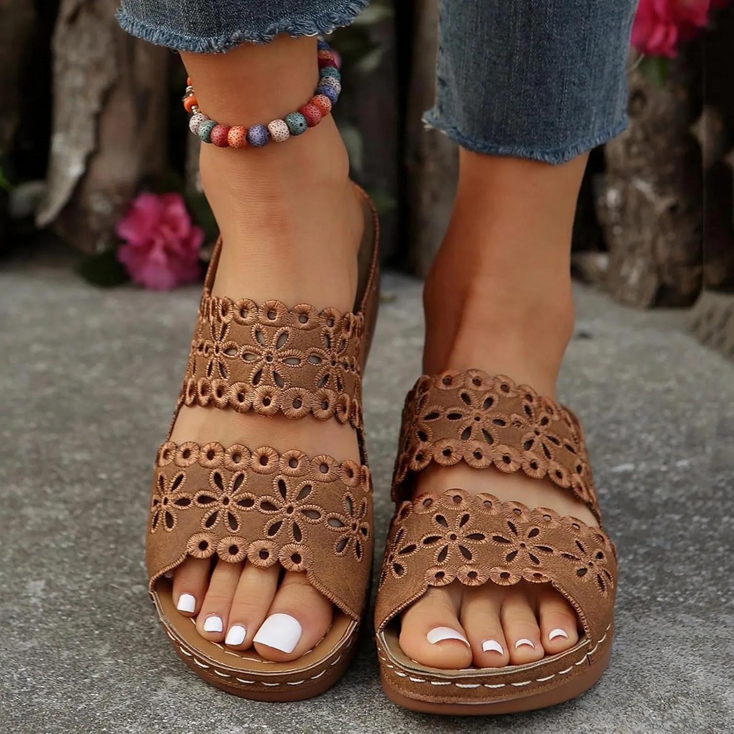 Women's Bohemian Orthotic Sandals Hollow Out Floral Embroidered Slip On Slides Arch Support Athletic Platform Walking Sandals