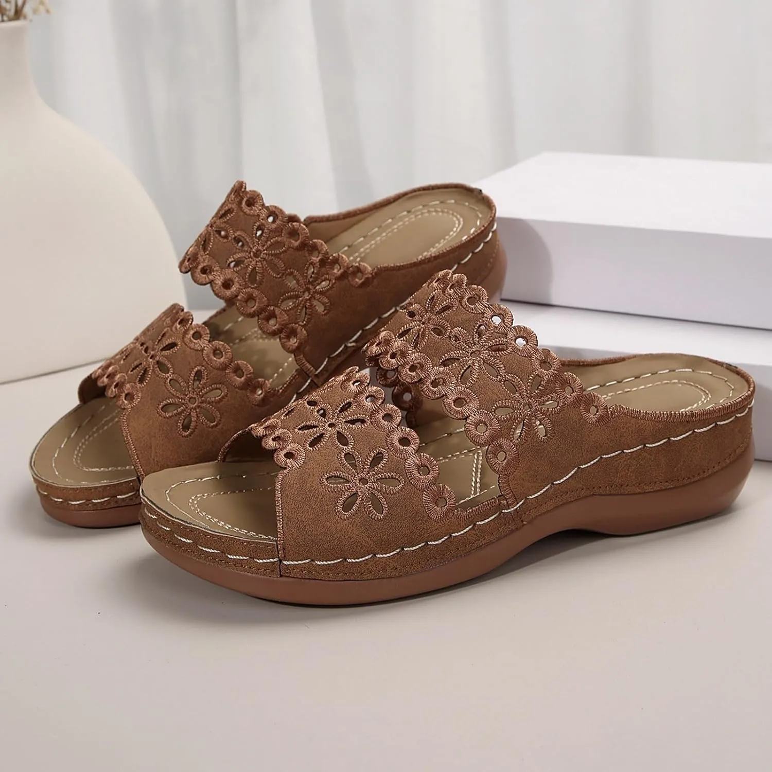 Women's Bohemian Orthotic Sandals Hollow Out Floral Embroidered Slip On Slides Arch Support Athletic Platform Walking Sandals