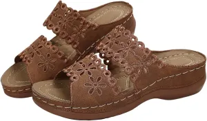 Women's Bohemian Orthotic Sandals Hollow Out Floral Embroidered Slip On Slides Arch Support Athletic Platform Walking Sandals