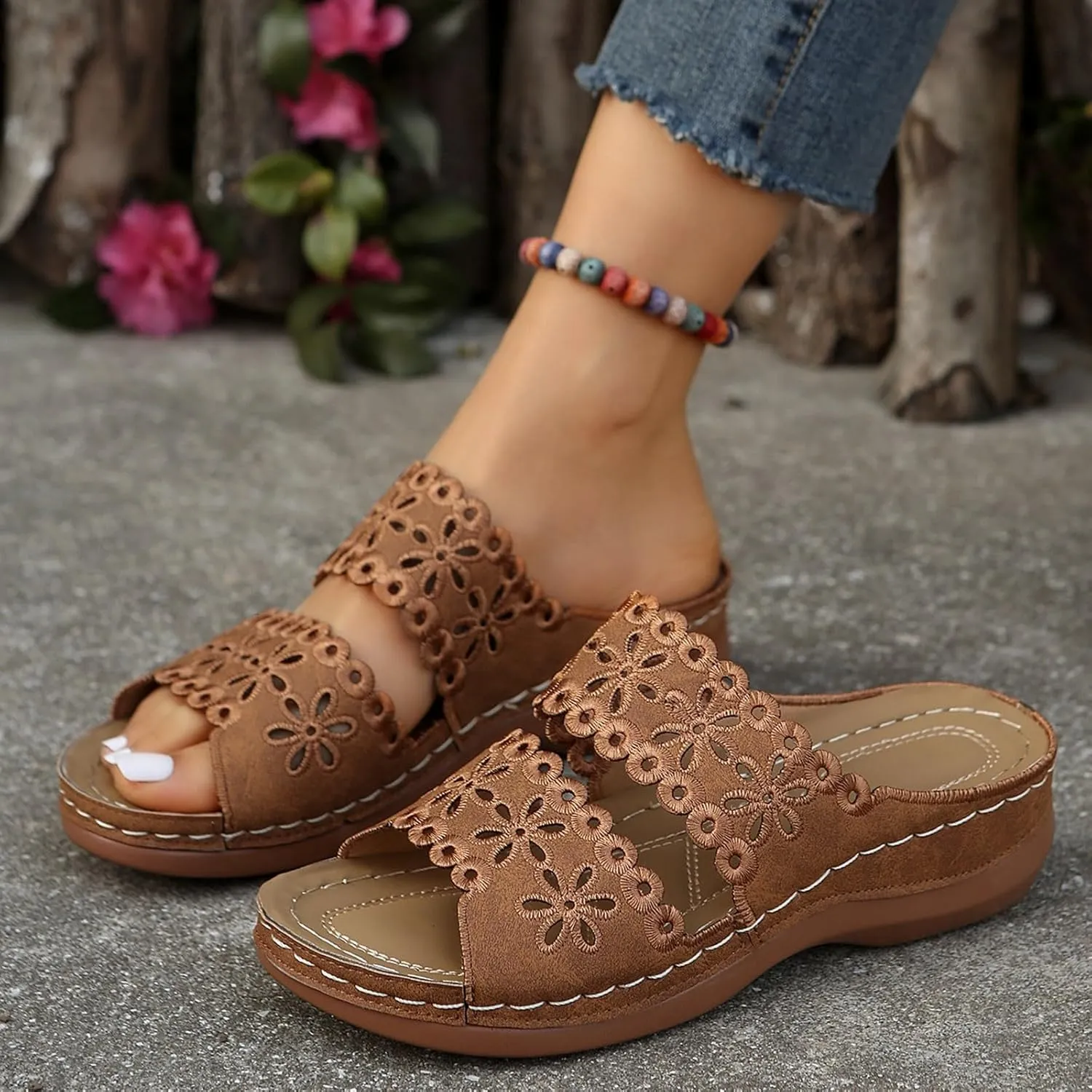 Women's Bohemian Orthotic Sandals Hollow Out Floral Embroidered Slip On Slides Arch Support Athletic Platform Walking Sandals