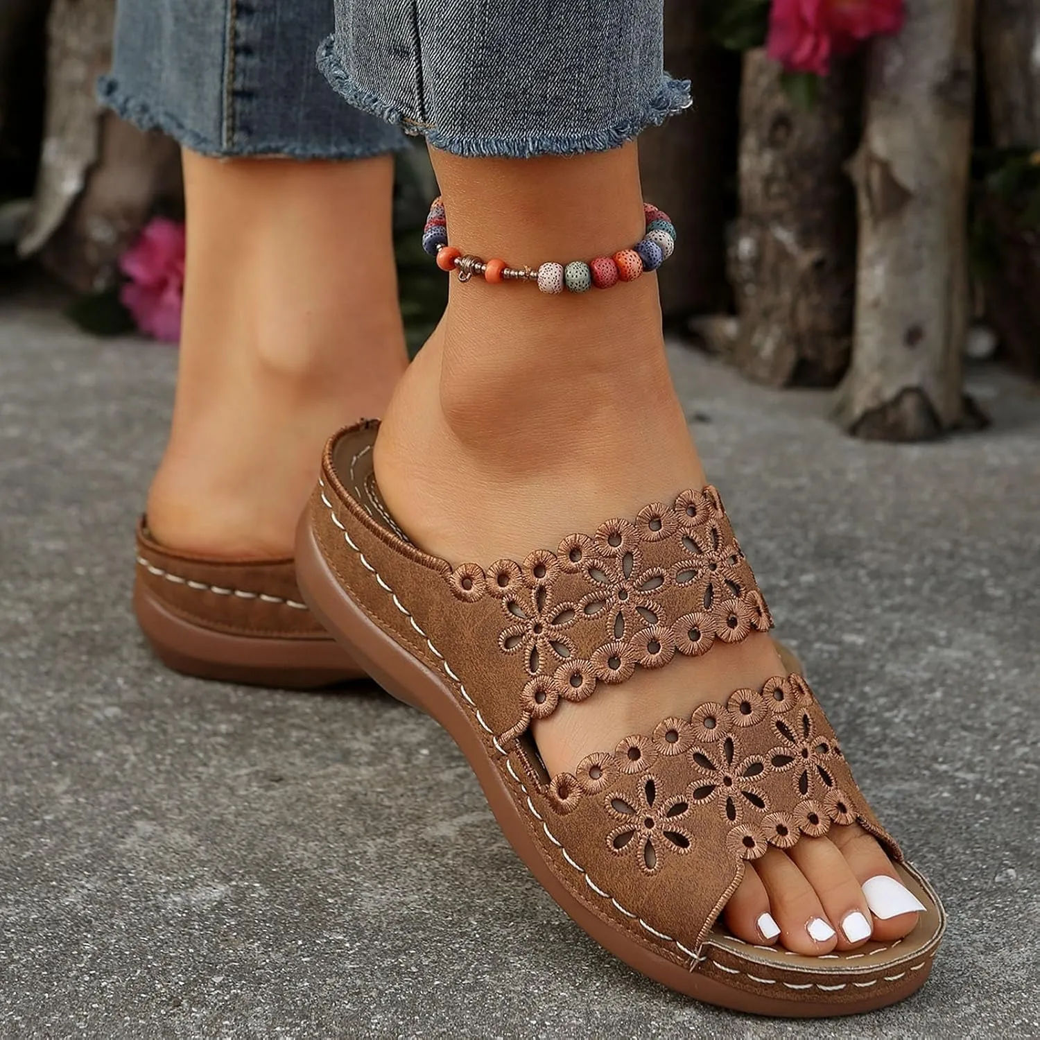 Women's Bohemian Orthotic Sandals Hollow Out Floral Embroidered Slip On Slides Arch Support Athletic Platform Walking Sandals