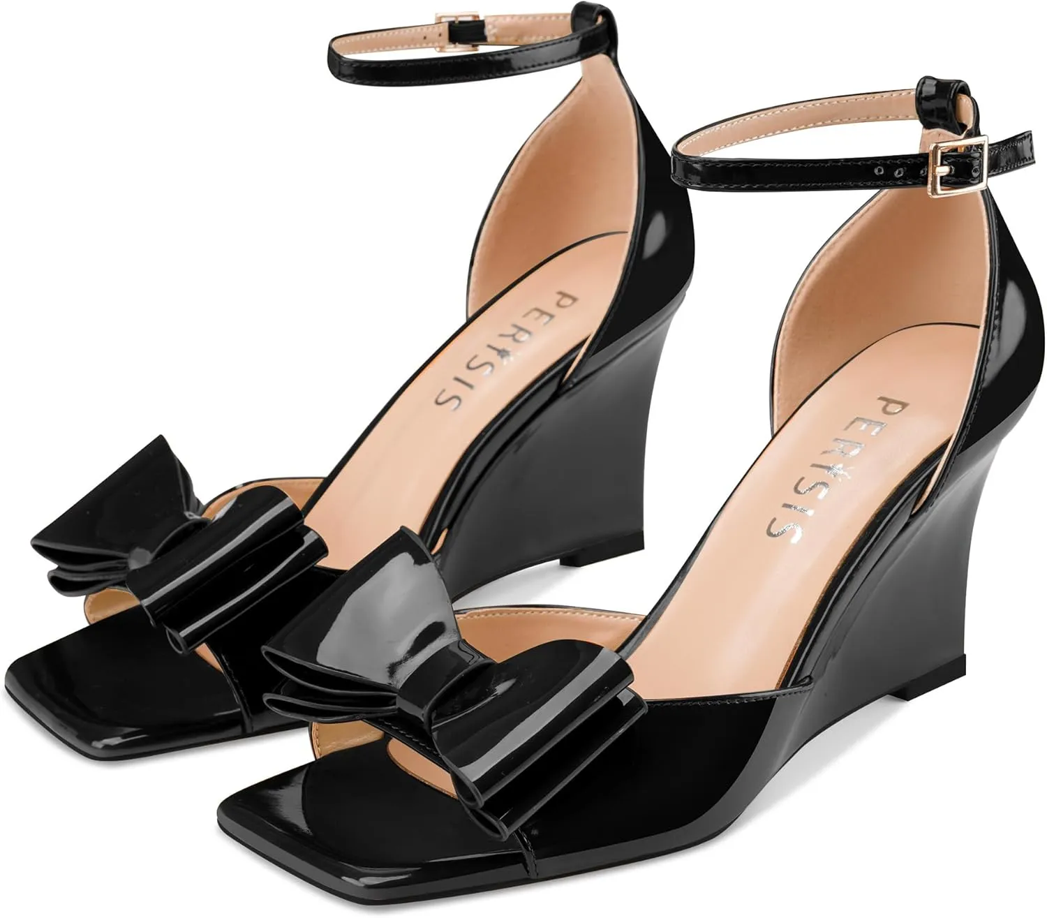 Women's Bow Heels Open Square Toe Wedge Sandals Summer Wedges Shoes with Ankle Strap Buckle Comfortable Dressy Female Shoes for Ladies