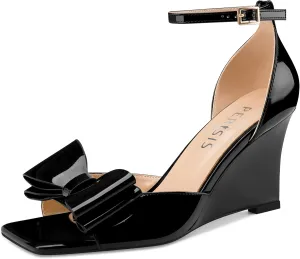 Women's Bow Heels Open Square Toe Wedge Sandals Summer Wedges Shoes with Ankle Strap Buckle Comfortable Dressy Female Shoes for Ladies