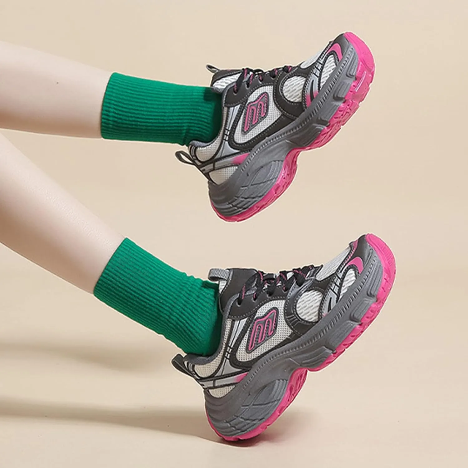Women's Breathable Dad Shoes Spring Autumn Mesh Thick-Soled White Sneakers Casual Trainers Fashion Lace-up Sports Shoes