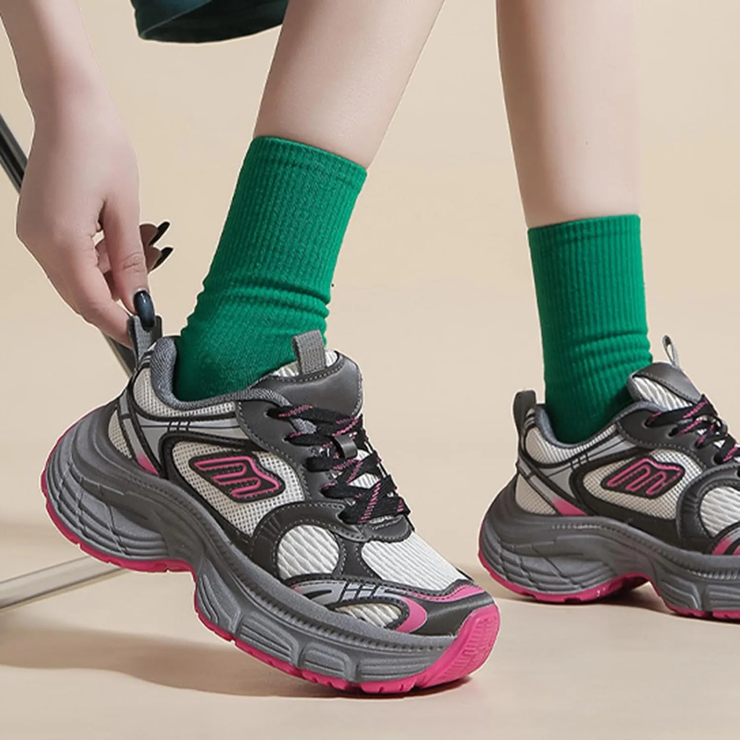 Women's Breathable Dad Shoes Spring Autumn Mesh Thick-Soled White Sneakers Casual Trainers Fashion Lace-up Sports Shoes