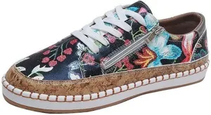Women's Canvas Sneakers Classic Round Toe Low Cut Lace-Up Casual Shoes Fashion Comfortable Lightweight Floral Print Walking Flats