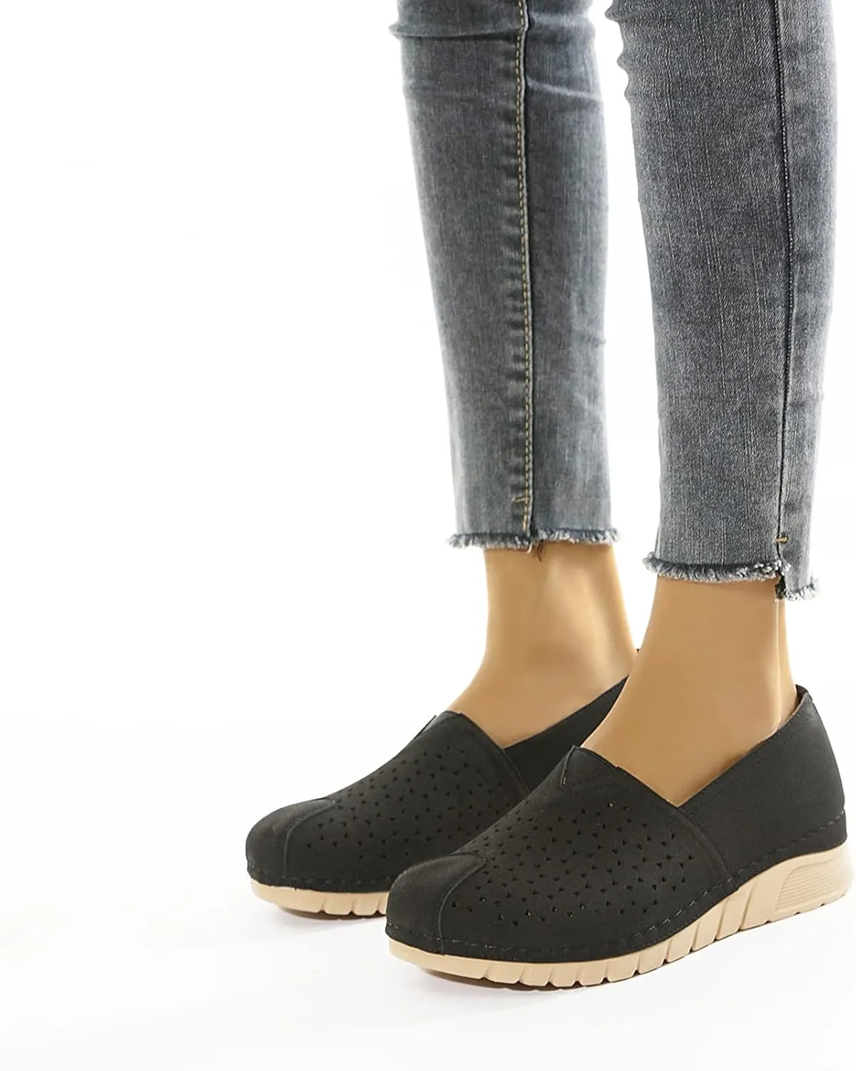 Women's Casual Leather Slip on Loafers Fashion Comfortable Round Toe Walking Shoes Sandals Breathable Non-Slip Garden Shoes Moccasins Leisure Sneakers Boat Shoes,Black,US8/EU39