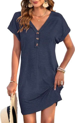 Women's Casual T Shirt V Neck Dress Summer Button Short Sleeve Dresses 2025 Mini Sundresses
