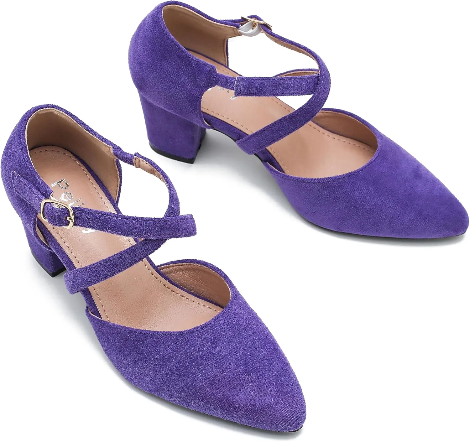 Women's Chunky Heel Pumps Cross Strap Closed Pointed Toe Dress Shoes