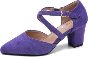 Women's Chunky Heel Pumps Cross Strap Closed Pointed Toe Dress Shoes