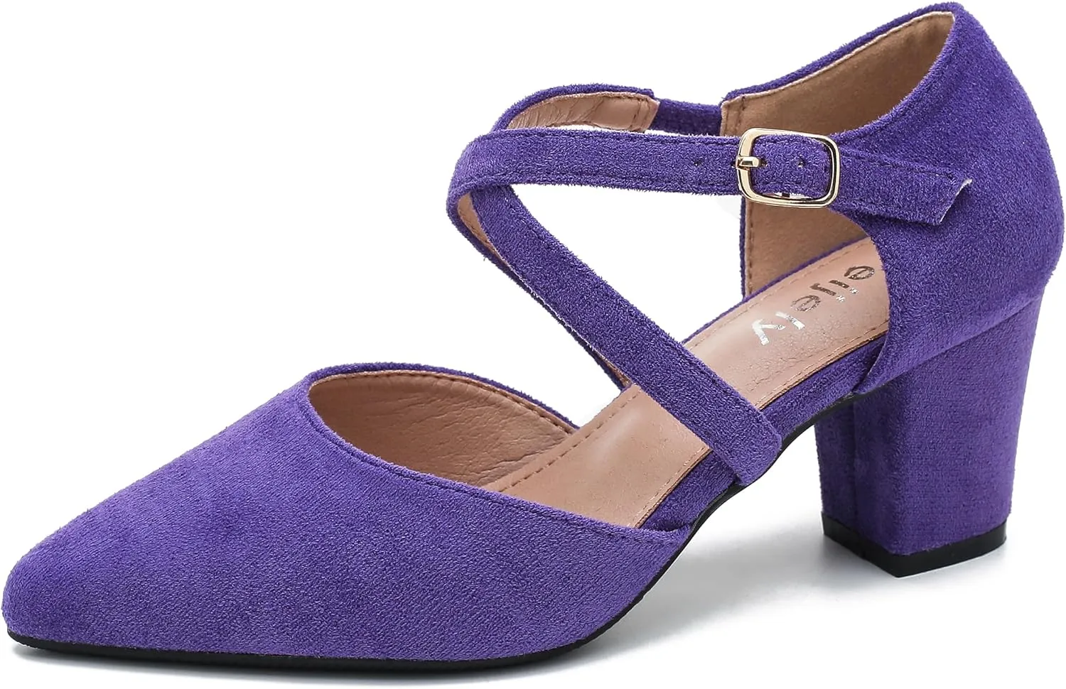 Women's Chunky Heel Pumps Cross Strap Closed Pointed Toe Dress Shoes